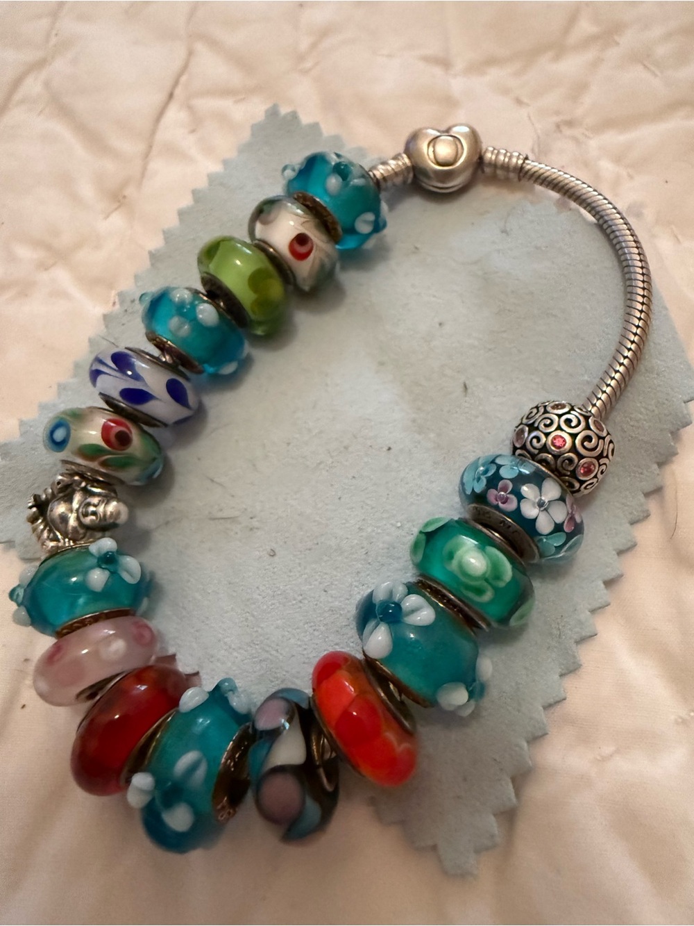 Sterling Silver Charm Bracelet with Multicolor Glass Beads - Turquoise Accent